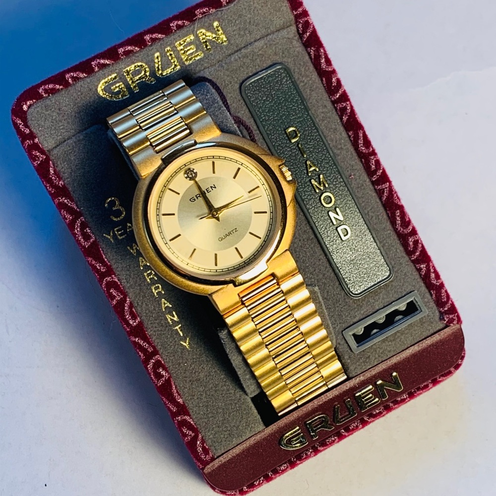 NWT Gruen Vintage Gold Plated Diamond Quartz Watch